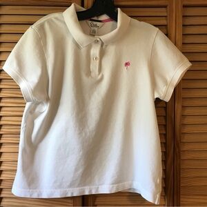 Lilly Pulitzer White Polo Shirt with Pink Palm, EUC